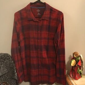 Keep comfy and relaxed in this red plaid button up shirt from St John’s Bay.